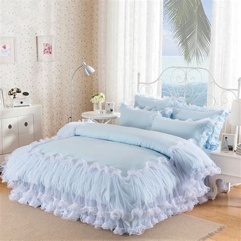 Sophisticated Elegant Light Blue Ruffle Lace And Waterfall Pom Pom Style Girls Twin Full Queen