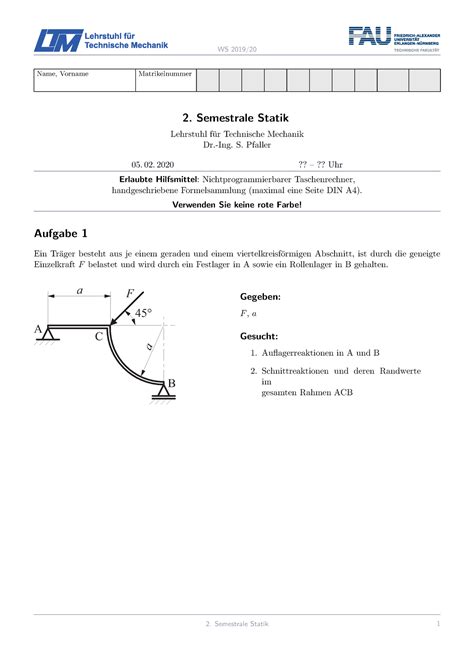 Statik Semestrale Musterloesung Name Vorname Matrikelnummer
