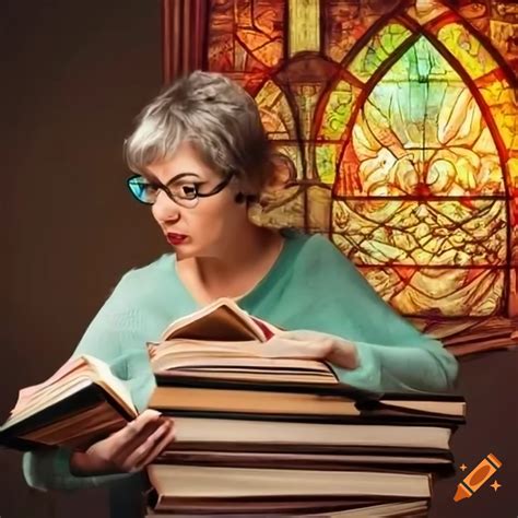 Brown Short Haired Woman Reading A Book Surrounded By Piles Of Books