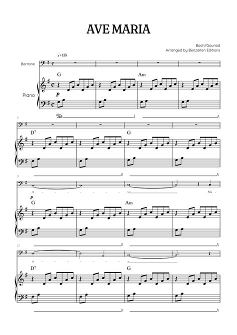 Bach Gounod Ave Maria In G Major Baritone Sheet Music With Piano