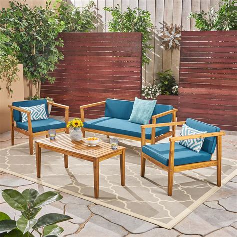 Noble House Newbury Teak Brown 4 Piece Wood Patio Conversation Set With