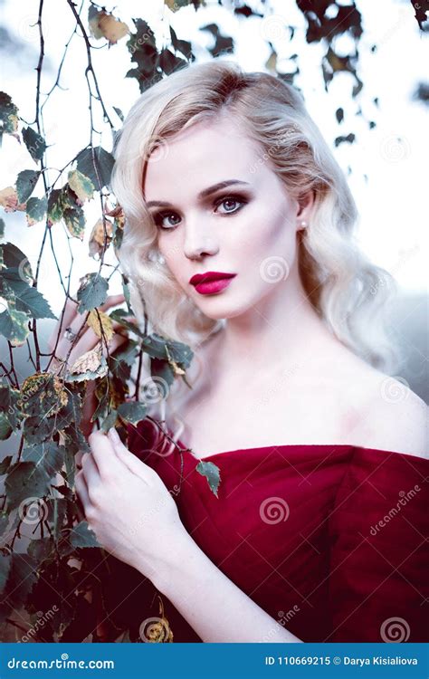 Vrouw Van Het Manier De Schitterende Jonge Blonde In Mooie Rode Kleding In Een Sprookje Bos