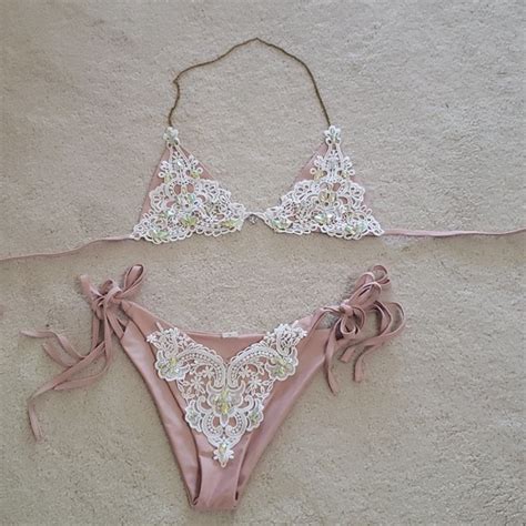 Intimates Sleepwear Sexy Nude Lace And Stud Bathing Suit Lingerie With Tie String L Bottoms