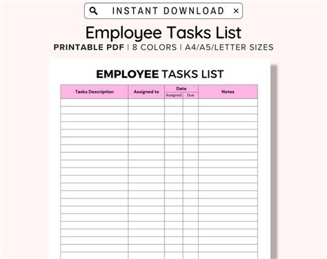 Employee Task List Printable Assignment Sheet Task Management Team Organisation Print And