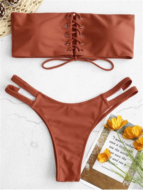 11 OFF 2020 ZAFUL Lace Up Strapless Bikini Set In CHESTNUT ZAFUL