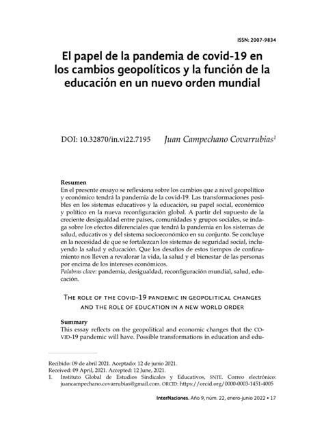 Pdf El Papel De La Pandemia Del Covid 19 En Los Cambios Geopolíticos