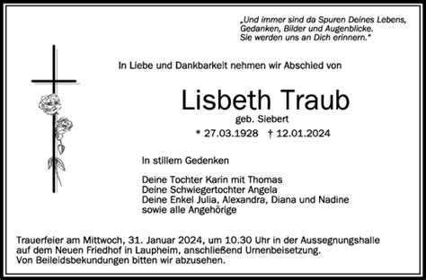 Traueranzeigen Von Lisbeth Traub Schwaebische De Trauerportal