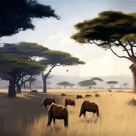 Savane Avec Silhouettes D Animaux Et D Arbres Acacia Et Herbe Verte Au