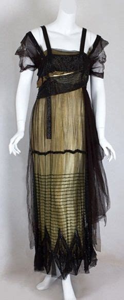 1915 Evening Gown With Chiffon Overlay And Diamond Pattern To Hem