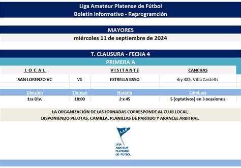 Masculino PROGRAMACIÓN REPROGRAMADOS Liga Amateur Platense de Futbol