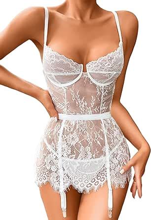 Amazon Ehsuyab Elegant Bridal Lingerie Eyelash Trim Floral Lace Back Corset Garter