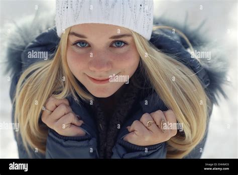 Winter Portrait Of A Cute Blonde Teen Stock Photo Alamy