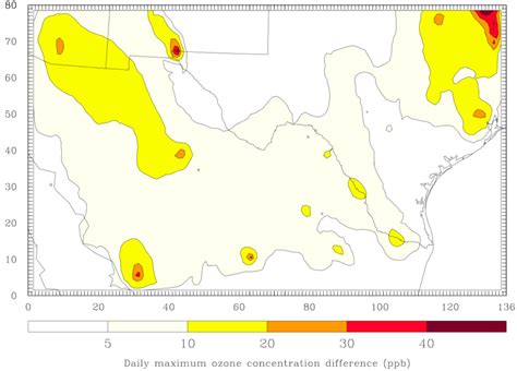Maximum ground-level ozone concentration difference (ppb) between the ...