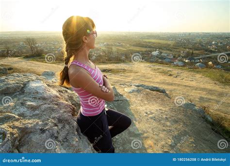 Woman Hiker Leaning On A Big Rock Enjoying Warm Summer Day Young