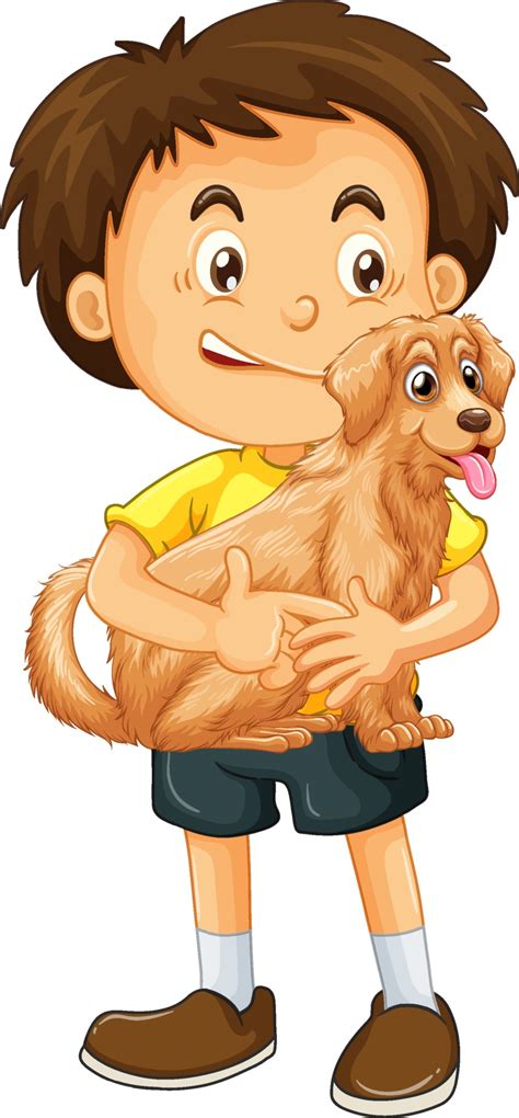 A Boy Holding Cute Dog Cartoon Character Isolated On White Background