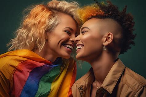 Una Hermosa Y Feliz Pareja De Lesbianas Gay Con La Bandera De Colores Del Arco Iris Mes Del