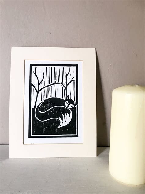 Fox Linocut Original Print Limited Edition Wildlife Forest Nature