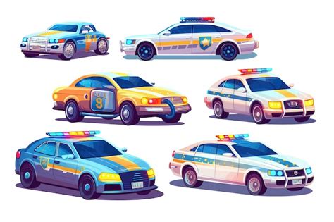 Coche De Policía Vector Set Colección Gráfico Clipart Diseño Plano