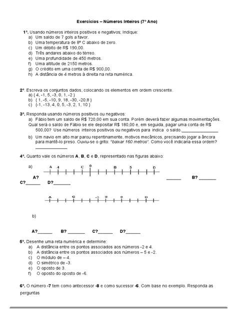 Questões Sobre Números Inteiros - Exercícios de Números Inteiros - 7º Ano | PDF | Métodos e Materiais de ...