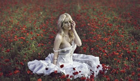 Wallpaper Field Red Flowers Boobs Blonde White Dress Women