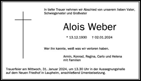 Traueranzeigen Von Alois Weber Schwaebische De Trauerportal