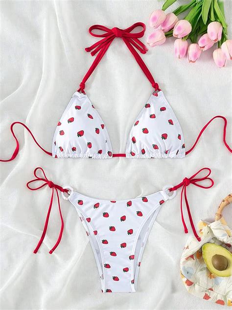 Women Bikini Set Strawberry Print Sleeveless Bra With Low Waist Briefs