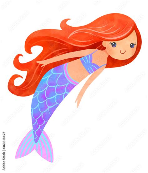 Cute mermaid clipart illustration. Watercolor mermaid girl with red ...