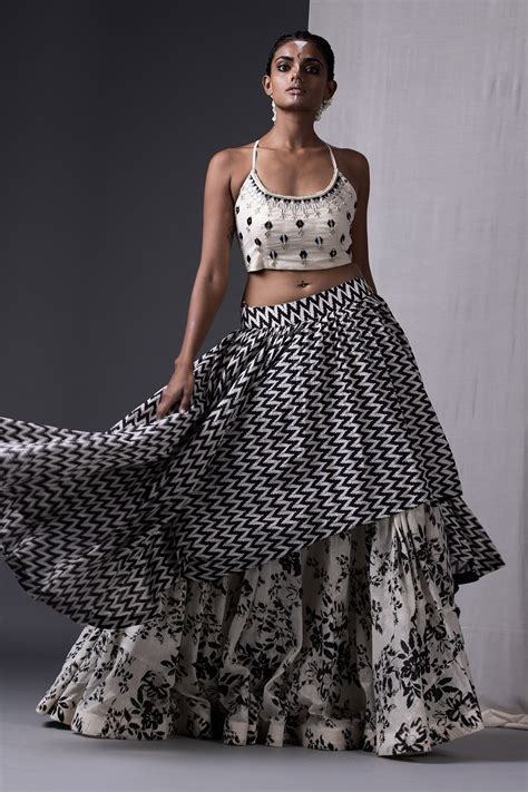 Buy White Cotton Embroidery Round Crop Top And Layered Skirt Set For