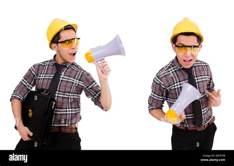 Young Construction Worker With Loudspeaker Isolated On White Stock