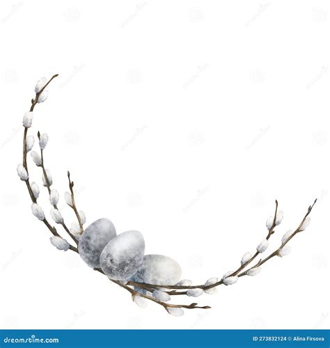 Watercolor Illustration Of A Corner Frame With Easter Eggs And Pussy Willow Isolated Stock
