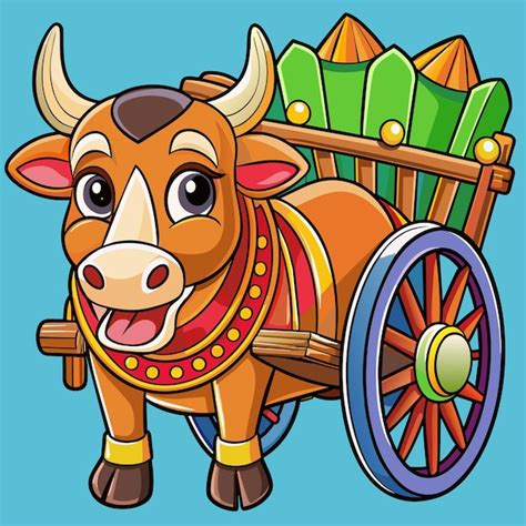 Premium Vector A Cartoon Drawing Of A Cow With A Wooden Wagon That