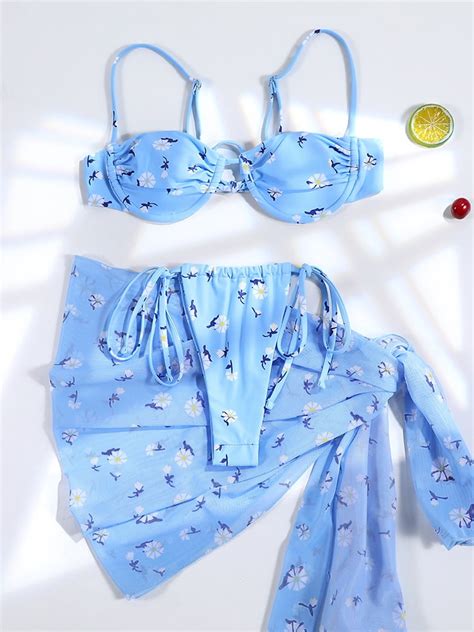 Anqingluelv String Bikini Women Cover Up Swimsuit Floral Print
