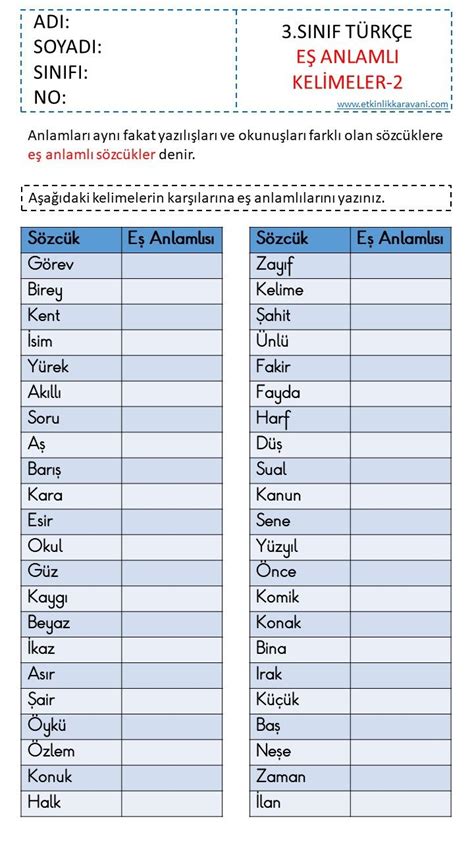 Eş Anlamlı Kelimeler Etkinliği İlkokul Üçüncü sınıf Okuduğunu anlama