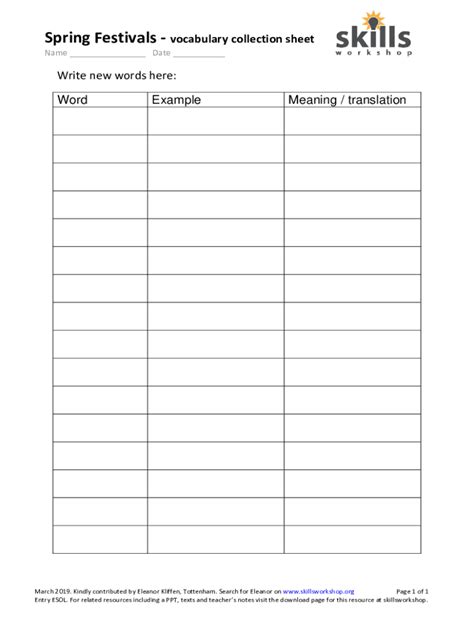 Fillable Online Spring Festivals Equinox Vocabulary Collection Sheet