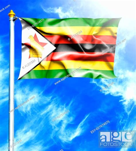 Blue Sky And Mast With Hanged Waving Flag Of Zimbabwe Stock Photo