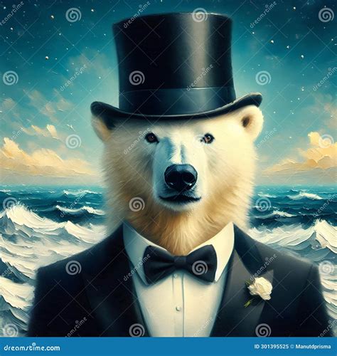 Polar Bear Wearing Tuxedo Suits And Black Top Hat In Oil Painting Art