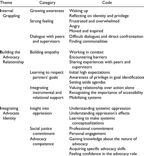 advocate themes categories  codes  table