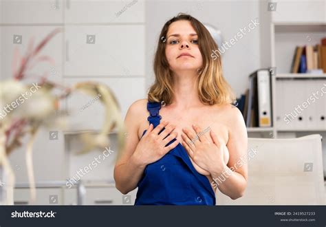 Portrait Naked Woman Cleaner Overall Standing Stock Photo