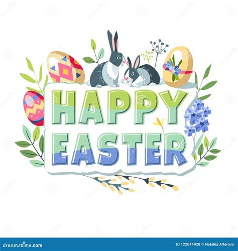 Happy Easter Lettering Words Decorated With Bunny Flowers Eggs And