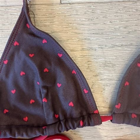 Vintage Brown And Red Heart Print Bikini Quite Worn Depop