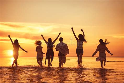 Grand Groupe D'amis Heureux à La Fête Du Coucher Du Soleil Sur La Plage ...