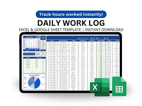Editable Daily Work Log Excel Template Track Time Projects Priorities