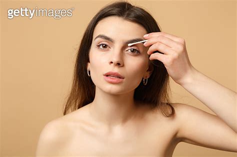 Close Up Brunette Half Naked Woman 20s With Perfect Skin Nude Make Up