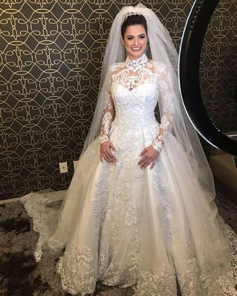 High Neck Long Sleeves Wedding Lace Dresses Lace Wedding Dress