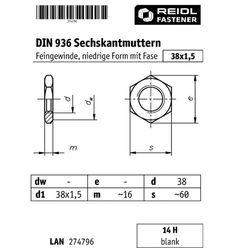 DIN 936 Sechskantmutter Niedrige Form Mit Fase Feingewinde M 38x1 5 14