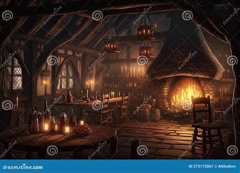 Medieval Tavern With Smoke From The Hearth And Lanterns Lighting The