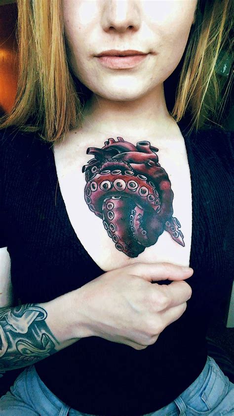 Octopus heart chest tattoo. | Chest tattoos for women, Chest tattoo ...