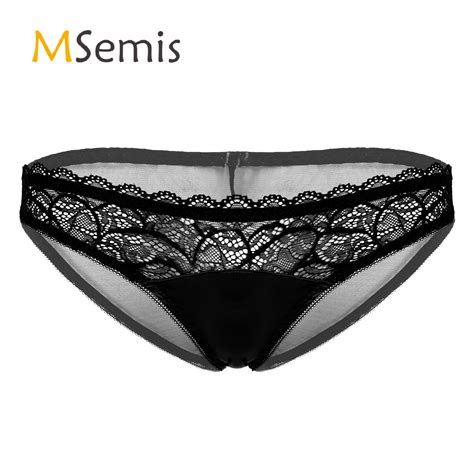 Mens Lingerie Erotic Apparel Sissy Underwear See Through Back Floral Lace Briefs Sexy Panties