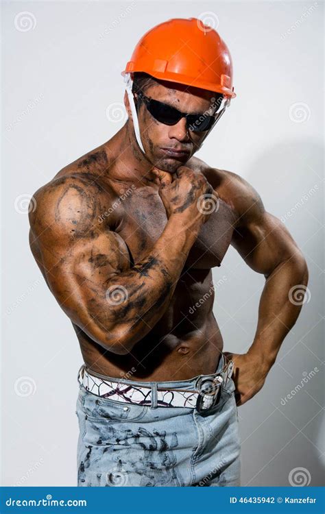 Man With Naked Torso In Helmet And Sunglasses Stock Photo Image Of Glasses Bricklayer 46435942