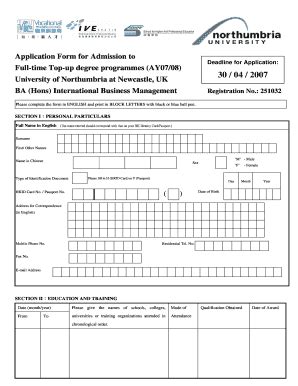 Fillable Online Application Form For Admission To Full Time Top Up